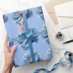Papel De Regalo Minimalista moderna amapola azul y dorada 