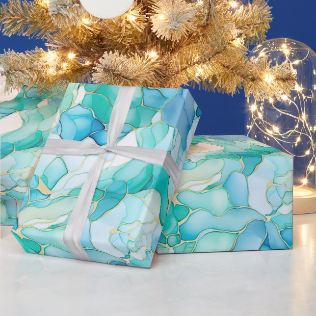 Papel De Regalo Mint Aqua Pearl Gold Marble (Vacaciones)