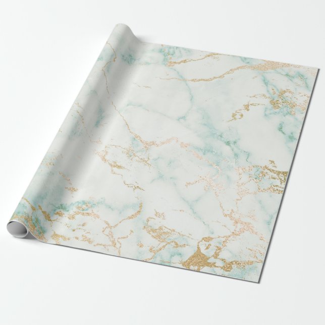 Papel De Regalo Mint Blanco Mint Green Gold Glam Marble (Desenrollado)