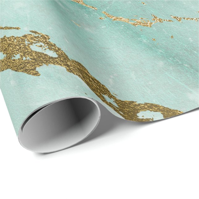 Papel De Regalo Mint Green Aqua Gold Marble Brillo (Esquina del rollo)
