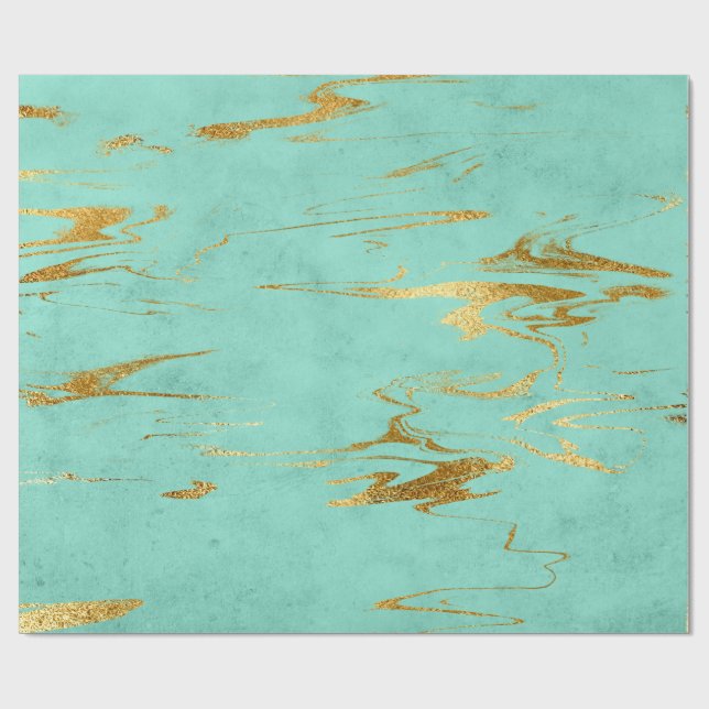 Papel De Regalo Mint Green Blue Gold Marble Brillante Glen (Superficie plana)