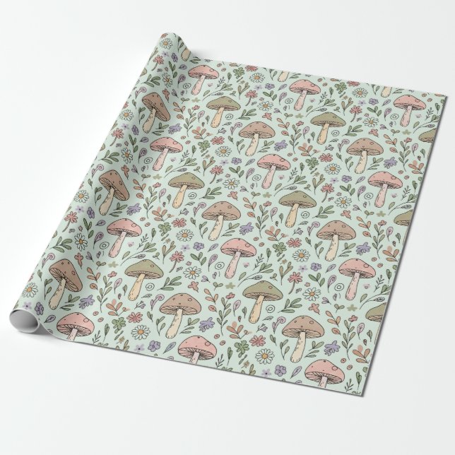 Papel De Regalo Mint Green Botanical Fungi Seamless Pattern (Desenrollado)