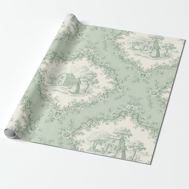 Papel De Regalo Mint Green French Country Floral Toile - Farmhouse (Desenrollado)