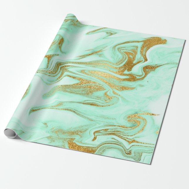 Papel De Regalo Mint Green Gold Marble blanco brillante Glante (Desenrollado)