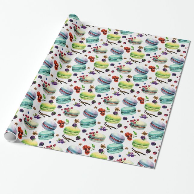Papel De Regalo Mint Green Macaroons & Red Berries Seamless Patrul (Desenrollado)