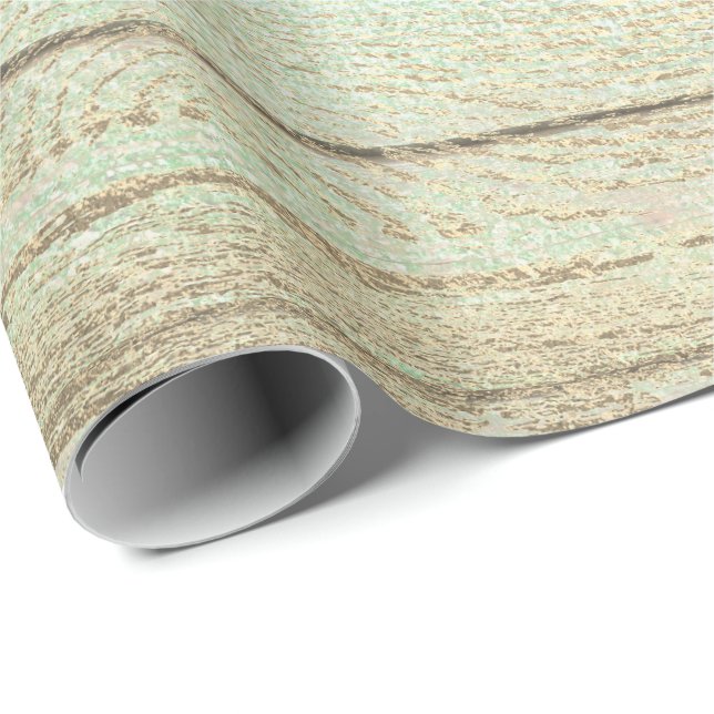 Papel De Regalo Mint Green Metallic Champaign Gold Wood Rustic (Esquina del rollo)