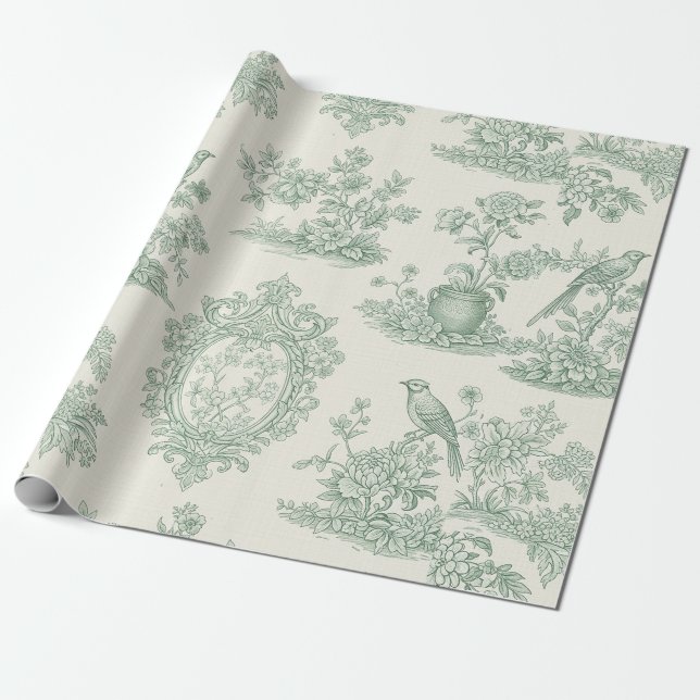 Papel De Regalo Mint Green Toile Floral and Bird Pattern (Desenrollado)