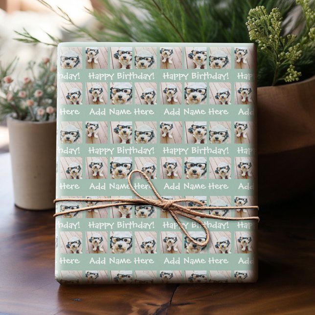 Papel De Regalo Mint Happy Birday Name 6 Square Collage de fotos (Custom Photo Wrapping Paper)