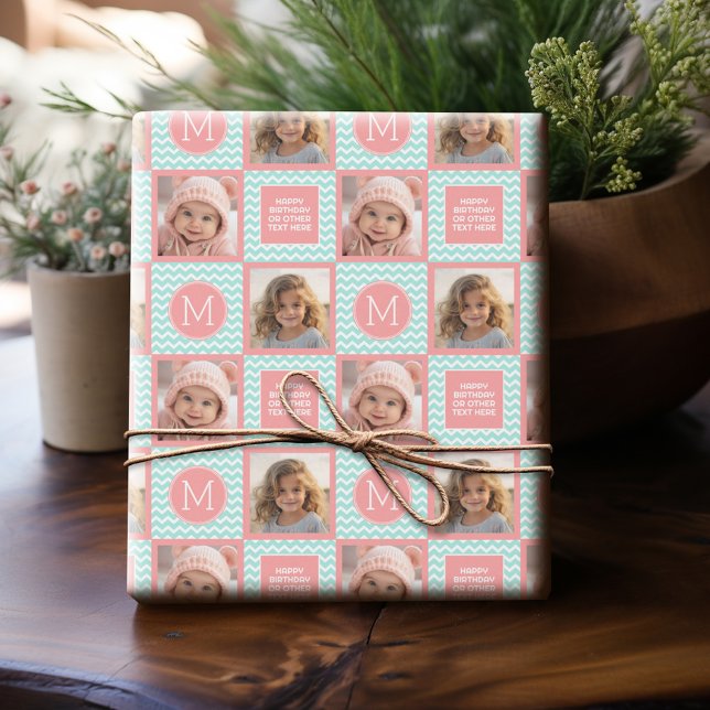 Papel De Regalo Mint y Coral Chevrons con Monograma Personalizado (Personalized Photo Wrapping Paper)
