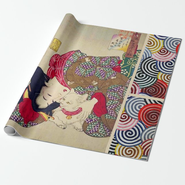 PAPEL DE REGALO MIRANDO CANSANTE, JAPONESA CON GATO BLANCO (Desenrollado)