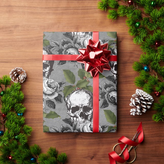 Papel De Regalo Mistletoe gótico, Rosas y Navidades del cráneo  (Regalo de vacaciones)