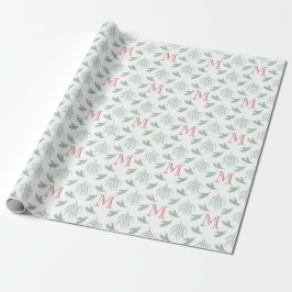 Papel De Regalo Mistletoe y pino con Navidades de monograma rojo