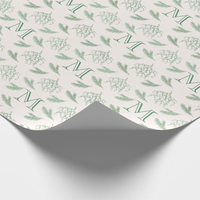 Papel De Regalo Mistletoe y pino con Navidades monográficos verde (Esquina)