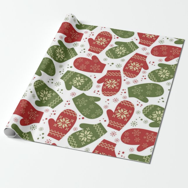 Papel De Regalo Mitones rojos y verdes con Navidades de copos de n (Desenrollado)