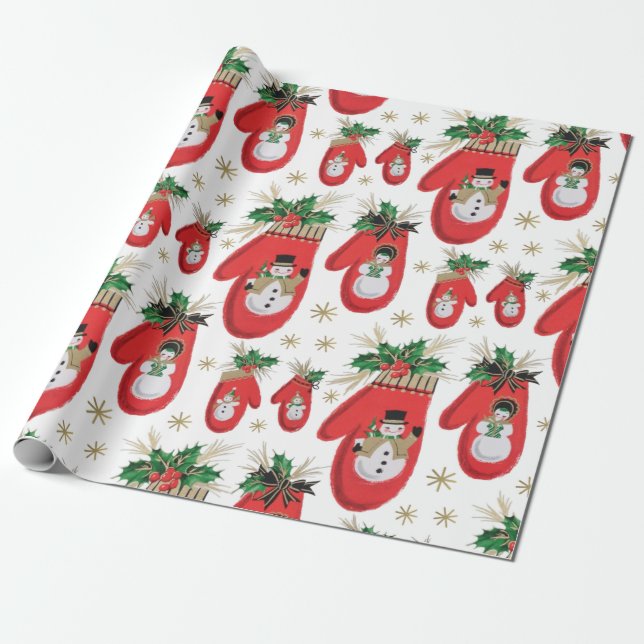 Papel De Regalo Mittens Navidades Mid Century (Desenrollado)