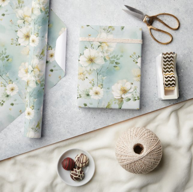 Papel De Regalo Moda Acuarela flores silvestres verdes y blancas p (Artesanía)