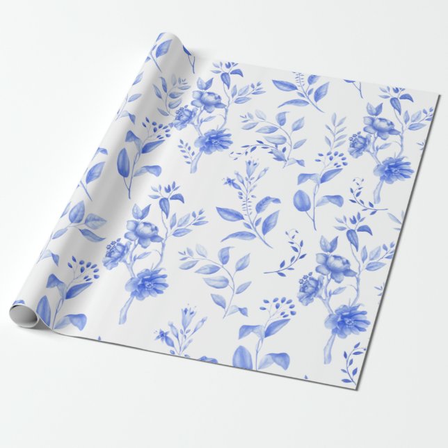 Papel De Regalo Moda Azul Chinoiserie Floral Porcelana (Desenrollado)
