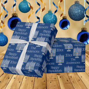 Papel De Regalo Moda azul de plata Menorah Hanukkah Personalizada