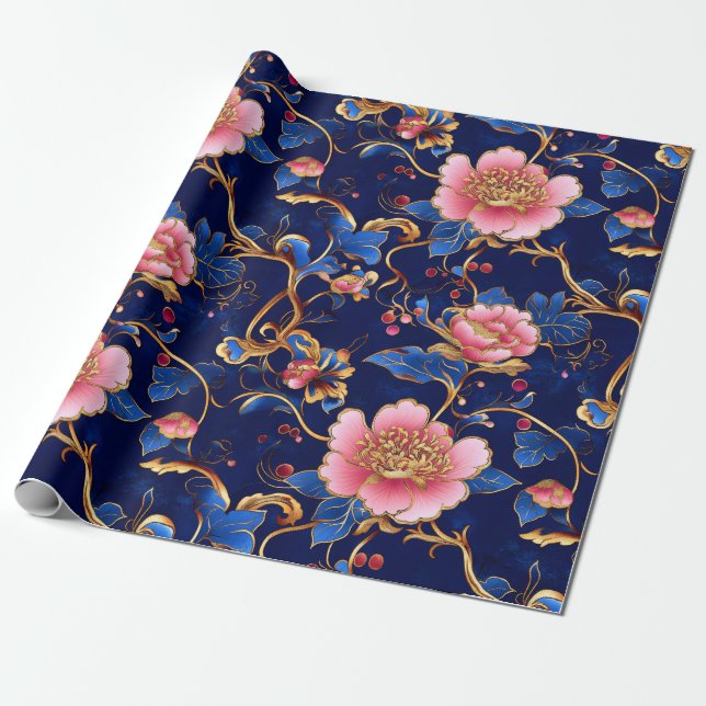 Papel De Regalo Moda cobalto azul rosado patrón floral (Desenrollado)