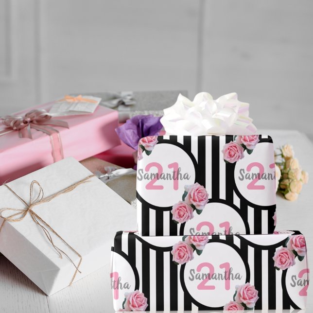 Papel De Regalo moda de 21 años rosas rosadas rayas blancas negras (Subido por el creador)