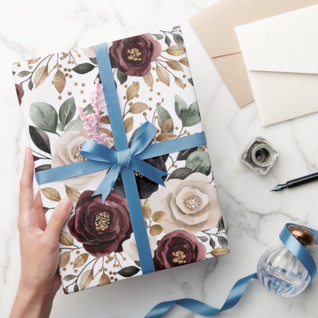 Papel De Regalo Moda Ducha nupcial floral de crema borgoñona (Regalar)