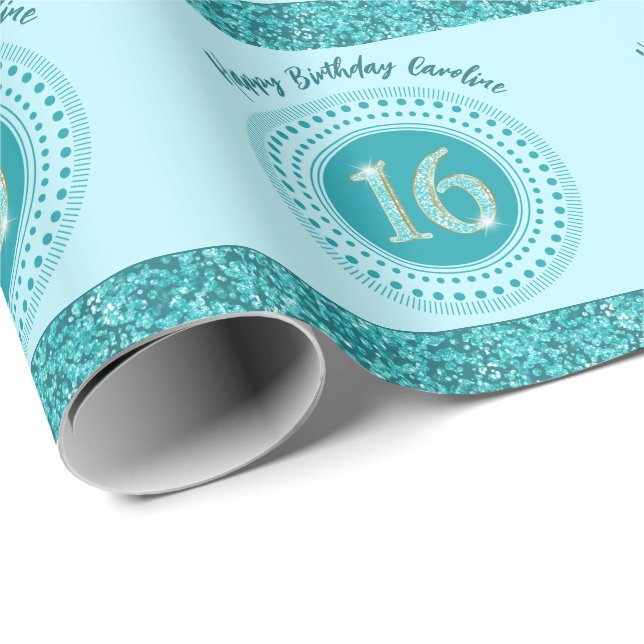 Papel De Regalo Moda dulce 16 cumpleaños, Purpurina azul Verde azu (Esquina del rollo)