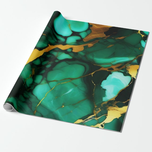 Papel De Regalo Moda Elegante verde oscuro dorado Faux Marble (Desenrollado)
