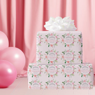 Papel De Regalo Moda Floral Rosa Quinceañera Plata Tiara Cumpleaño