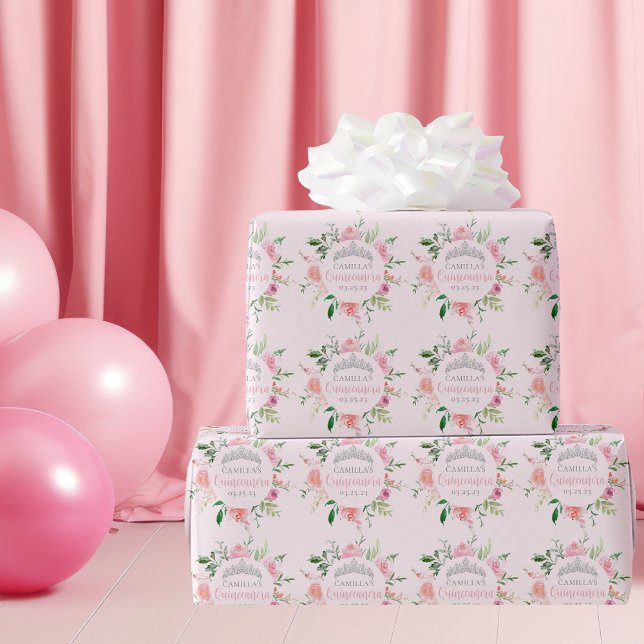 Papel De Regalo Moda Floral Rosa Quinceañera Plata Tiara Cumpleaño (Subido por el creador)