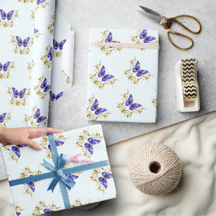 Papel De Regalo Moda Flores doradas y mariposas azules monogramada