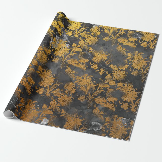 Papel De Regalo Moda Grungy Gray Gold Black Floral Grungy (Desenrollado)