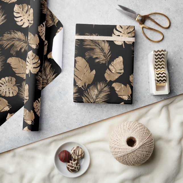 Papel De Regalo Moda Hojas Tropicales de Oro Negro (Artesanía)