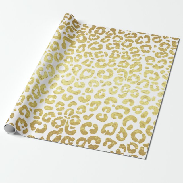 Papel De Regalo Moda Leopardo Blanco Oro Moderno Jaguar Cheetah (Desenrollado)