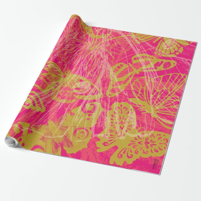 Papel De Regalo Moda Mariposa de oro Fuchsia (Desenrollado)