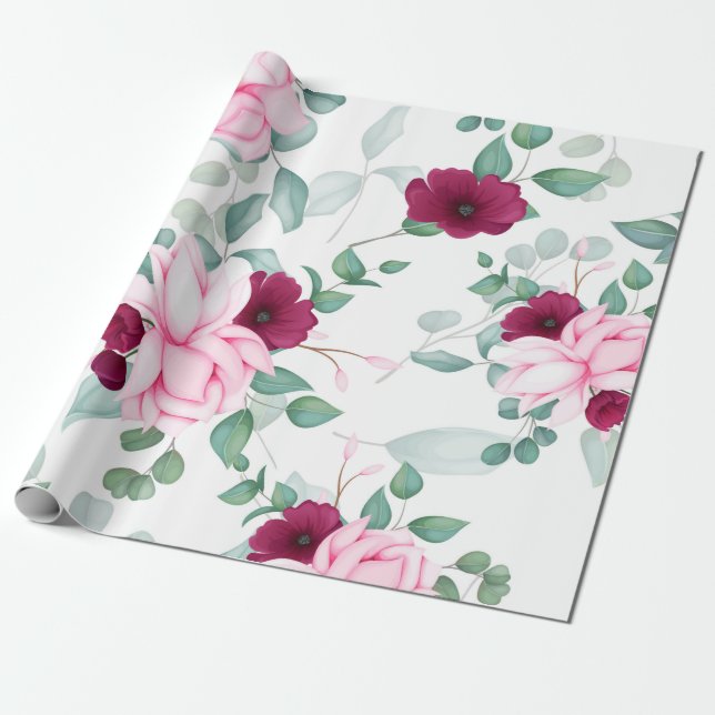 Papel De Regalo moda moderna roja, rosa floral (Desenrollado)