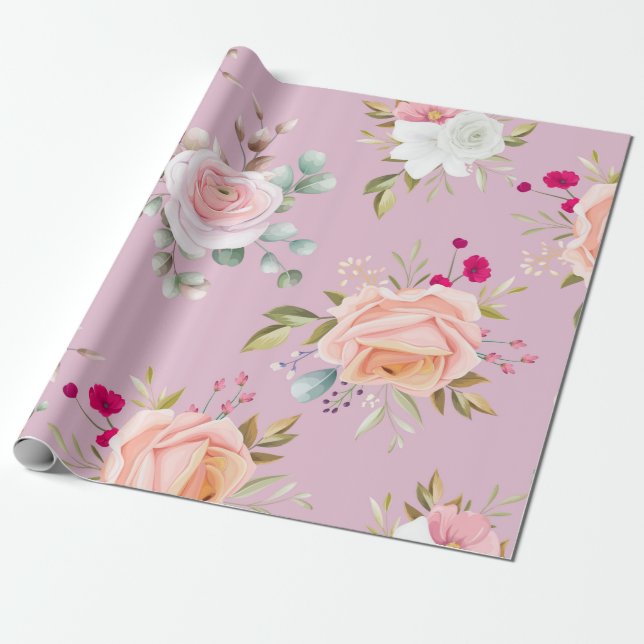 Papel De Regalo moda moderna roja, rosa floral (Desenrollado)