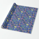 Papel De Regalo Moda Oro Azul Menorah Estrella de David Hanukkkah<br><div class="desc">Este papel de envolver de vacaciones presenta un patrón de moda de oro,  menorá verde y púrpura y Estrella de David dorada sobre fondo azul. Diseñado por el mundialmente reconocido artista Tim Coffey.</div>