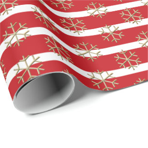 Papel De Regalo Moda rayas de oro blanco rojo y copos de nieve