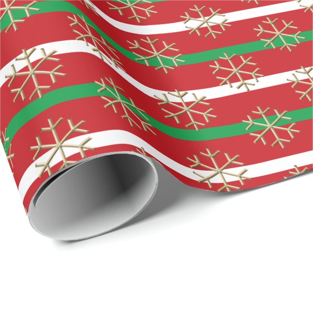 Papel De Regalo Moda rayas de oro verde rojo y copos de nieve (Esquina del rollo)