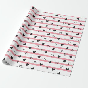 Papel De Regalo Moda Rayas rosadas Corazón blanco y negro