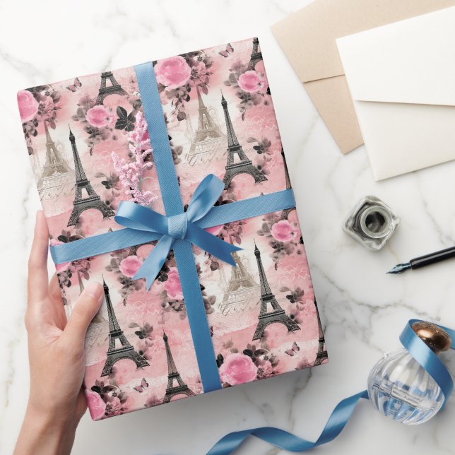Papel De Regalo Moda Rosa Negro y Blanco Torre Eiffel París Franci (Regalar)