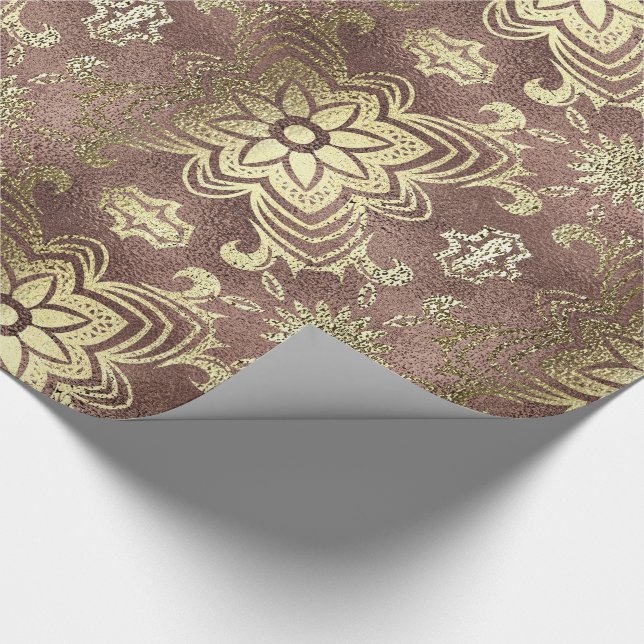 Papel De Regalo Moda rosa oro y flores doradas damasquinadas (Esquina)
