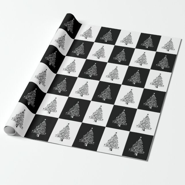 Papel De Regalo Modelo blanco negro del árbol de navidad elegante (Desenrollado)