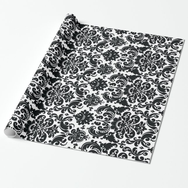 Papel De Regalo Modelo blanco negro elegante del damasco del (Desenrollado)