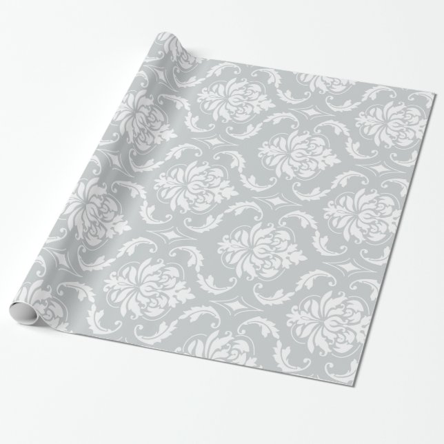 Papel De Regalo Modelo clásico del damasco del blanco gris (Desenrollado)
