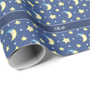 Papel De Regalo Modelo Cuaderno Luna y Estrellas Baby Shower Azul