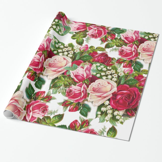 Papel De Regalo Modelo de flores rosado rojo de los rosas del (Desenrollado)