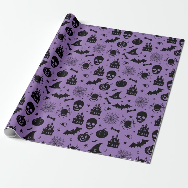 Papel De Regalo Modelo de Halloween púrpura y negro (Desenrollado)