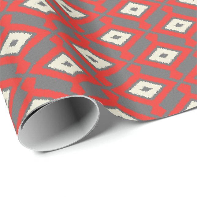Papel De Regalo Modelo de Ikat - rojo, gris y beige (Esquina del rollo)