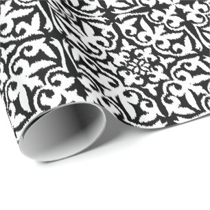 Papel De Regalo Modelo del damasco de Ikat - blanco y negro